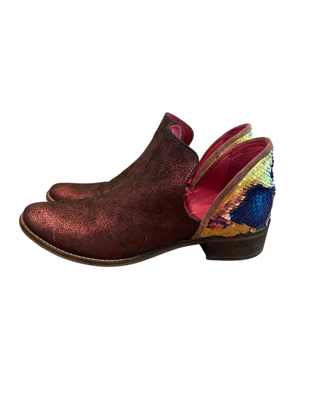 Leather Pink Metallic Burgundy Women's Cutout Ankle Booties with Sequin Heel